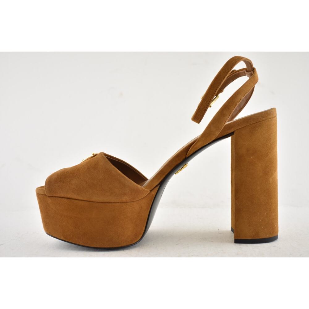 Prada 115mm Cognac Brown Suede Platform Sandal Ankle Strap Block Heel Pump 38.5 - Picture 16 of 16